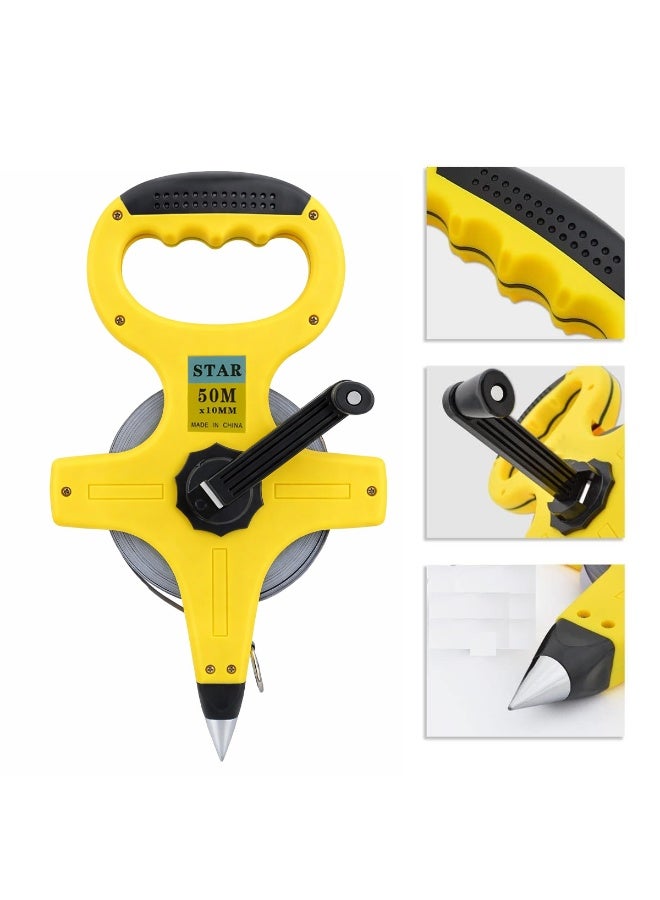 Star 50m Steel Measuring Tape Hand Crank Survey Tape 10mm Wide Alloy Steel Dual Scale Metric SAE Long Distance Measuring Tape ABS Ergonomic Handle Ground Spike Ring Hook for Construction Engineering Road Survey Farm Land Measurement Tool Outdoor Use - Image 1